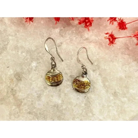 Silver Toned Gold Glitter Adorned Vintage Ornament Shaped Dangle Earrings - Picture 2 of 7